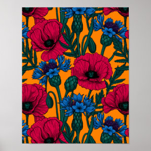 Rode papaver en blauwe cornbloemen op sinaasappel poster