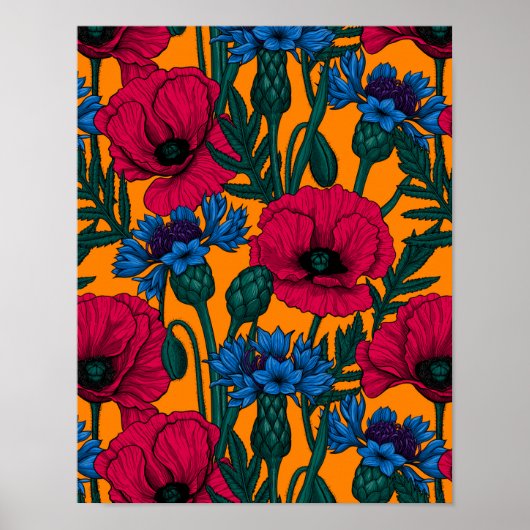 Rode papaver en blauwe cornbloemen op sinaasappel poster (Voorkant)