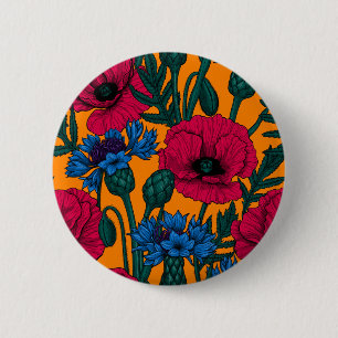 Rode papaver en blauwe cornbloemen op sinaasappel ronde button 5,7 cm