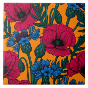 Rode papaver en blauwe cornbloemen op sinaasappel tegeltje