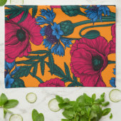 Rode papaver en blauwe cornbloemen op sinaasappel theedoek (Gevouwen)