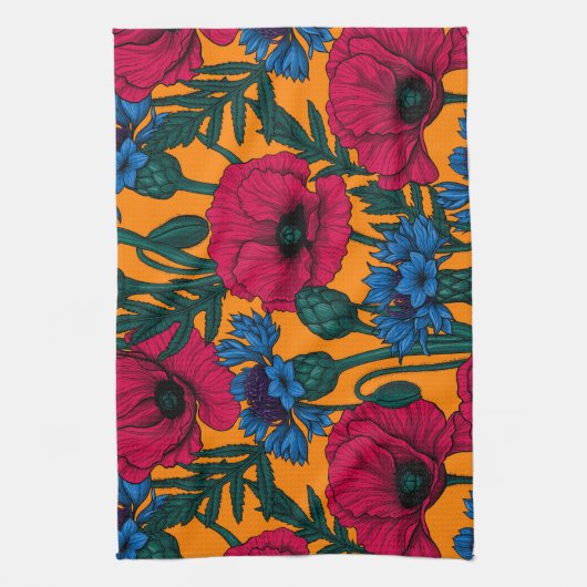 Rode papaver en blauwe cornbloemen op sinaasappel theedoek (Verticaal)