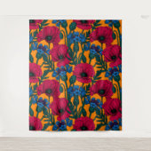 Rode papaver en blauwe cornbloemen op sinaasappel wandkleed (Voorkant)