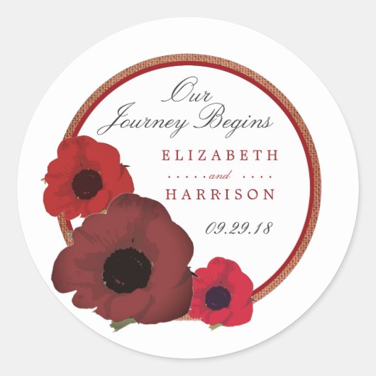 Rode papaver en Burlap Wedding Ronde Sticker (Voorkant)