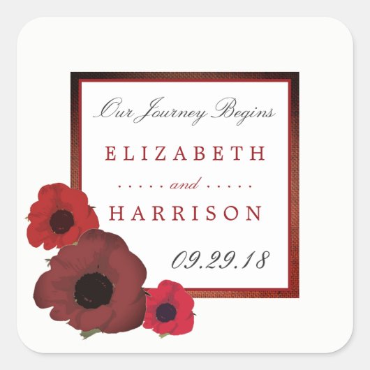 Rode papaver en Burlap Wedding Vierkante Sticker (Voorkant)