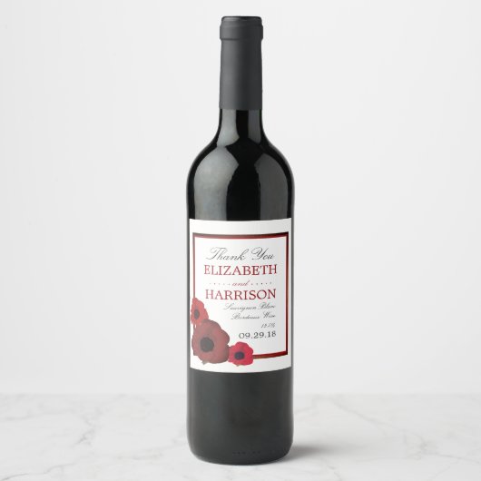 Rode papaver en Burlap Wedding Wijn Etiket (Voorkant)