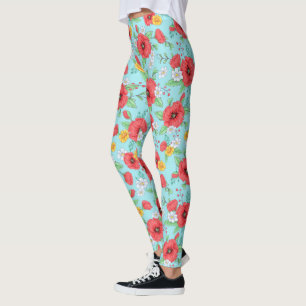 Rode papaver en madeliefje modern bloempatroon leggings