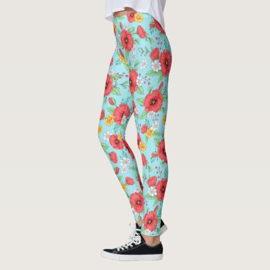 Rode papaver en madeliefje modern bloempatroon leggings (Links)