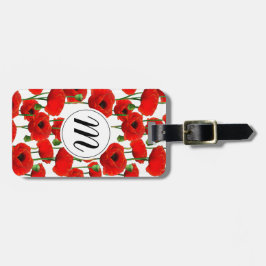 Rode papaver Floral Pattern & Monogram Bagagelabel