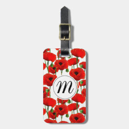 Rode papaver Floral Pattern & Monogram Bagagelabel