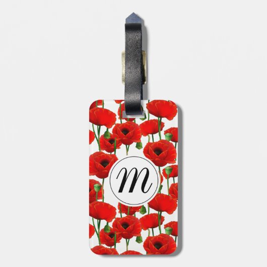 Rode papaver Floral Pattern & Monogram Bagagelabel (Achterkant verticaal)