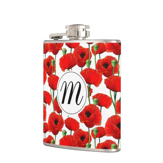 Rode papaver Floral Pattern & Monogram Heupfles (Links)