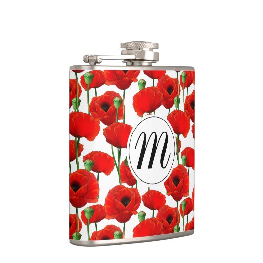 Rode papaver Floral Pattern & Monogram Heupfles (Rechts)