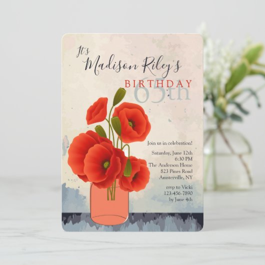 Rode papaver in de uitnodiging van Mason Jar (Staand voorkant)