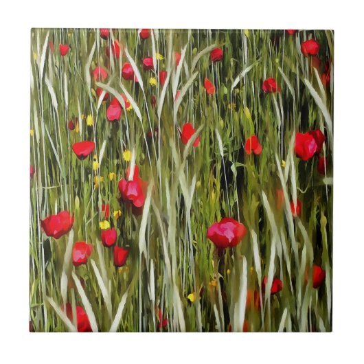 Rode papaver in een wielveldef tegeltje (Voorkant)