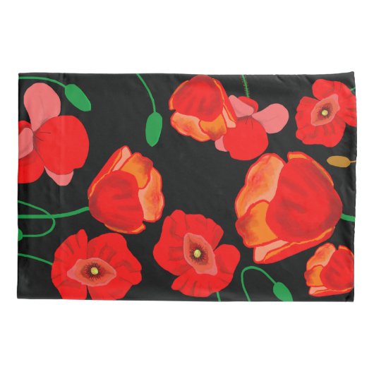 Rode papaver in Full-Bloom Black achtergrond Kussensloop (Achterkant-Links)