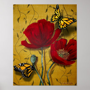 Rode papaver met gele vlinders poster