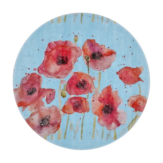Rode papaver op blauwe Waterverf papaver Snijplank (Voorkant)