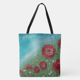 Rode papaver op een Canvas tas op een heuvel