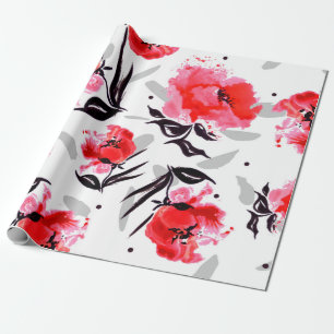 Rode papaver op een witte achtergrond met grijze s cadeaupapier