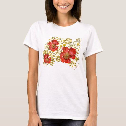 Rode papaver op goudspieren t-shirt (Voorkant)