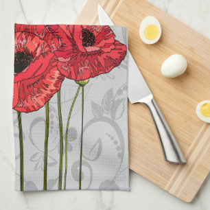 Rode papaver op witte grijze Floral Theedoek