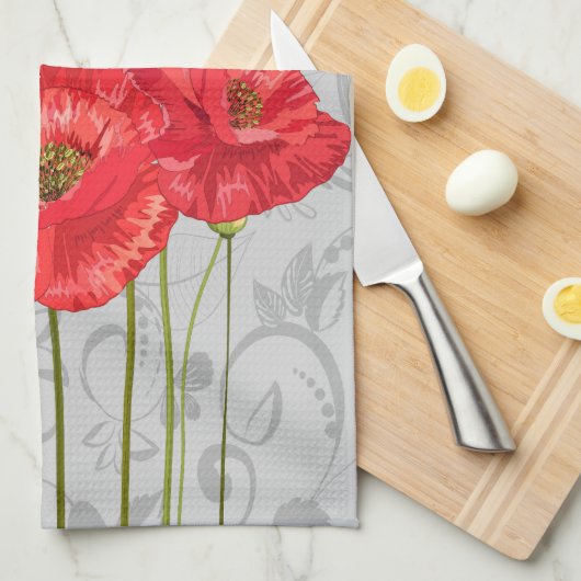Rode papaver op witte grijze Floral Theedoek (Quarter Fold)