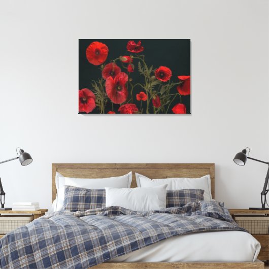 Rode papaver op zwart canvas afdruk (Insitu (Slaapkamer))