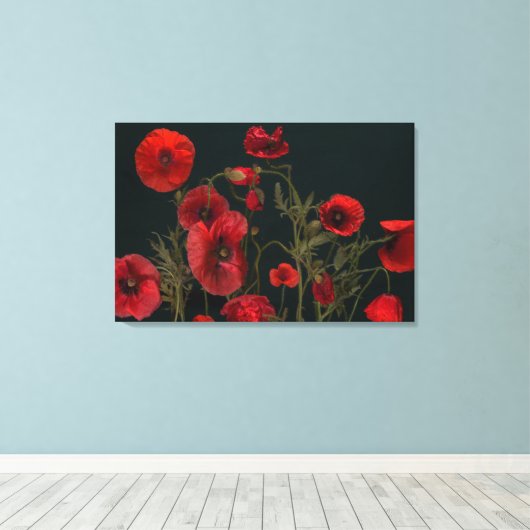 Rode papaver op zwart canvas afdruk (Insitu (Houten vloer))