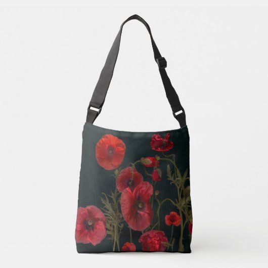 Rode papaver op zwart crossbody tas (Voorkant)