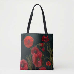 Rode papaver op zwart tote bag