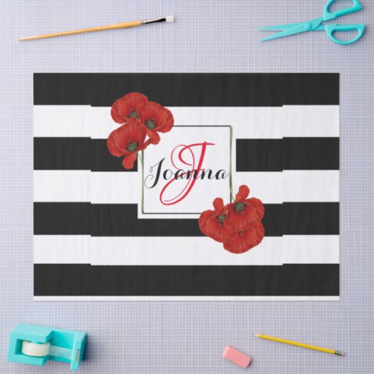 Rode papaver op zwarte & witte achtergrond tissuepapier (Craft)