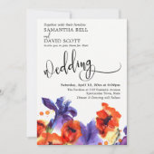 Rode papaver, Paarse Iris Waterverf Modern Wedding Kaart (Voorkant)