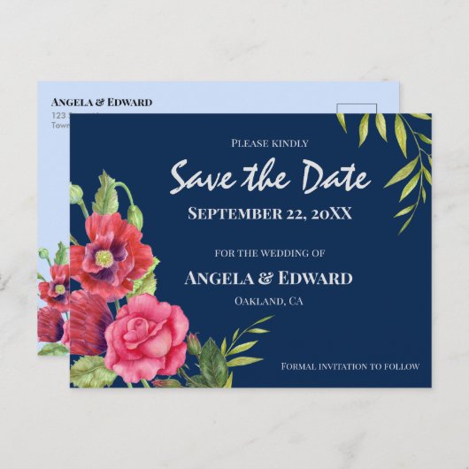 Rode papaver roze roodbruin die de datum bewaart aankondigingskaart (Voorkant / Achterkant)