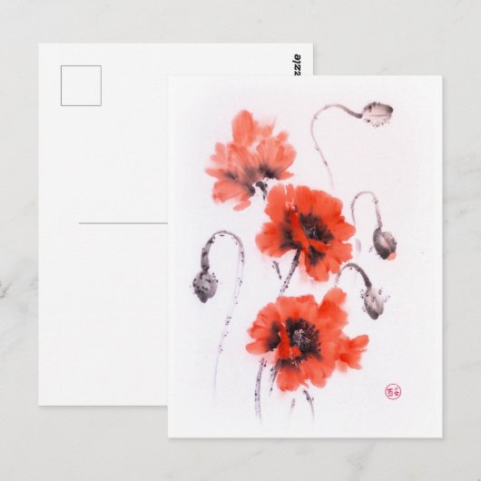 Rode papaver vat inkt en waterverf briefkaart (Voorkant / Achterkant)