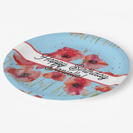 Rode papaver Waterverf Birthday Papieren Bordje (Gekanteld)