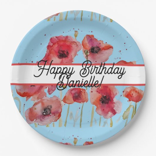 Rode papaver Waterverf Birthday Papieren Bordje (Voorkant)