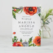 Rode papaver Waterverf bruiloft | Grijze rug Kaart (Staand voorkant)