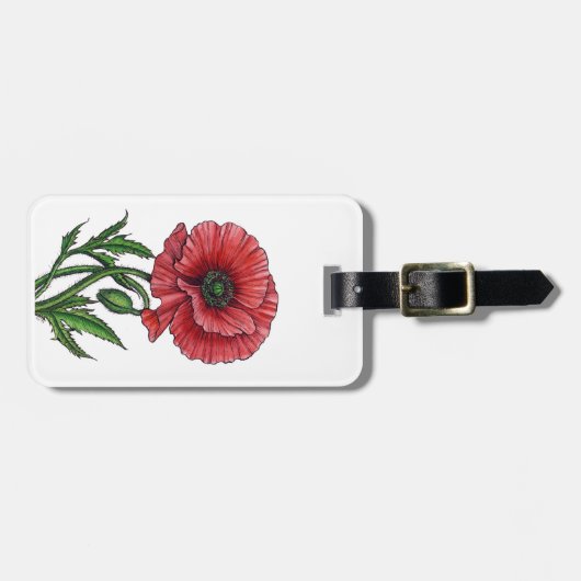 Rode papaver, waterverf en inkt bagagelabel (Voorkant horizontaal)