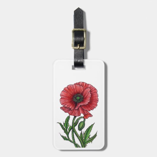 Rode papaver, waterverf en inkt bagagelabel (Voorkant verticaal)