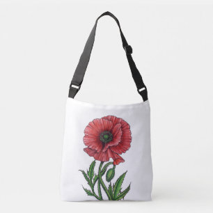 Rode papaver, waterverf en inkt crossbody tas