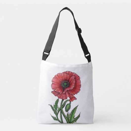 Rode papaver, waterverf en inkt crossbody tas (Voorkant)