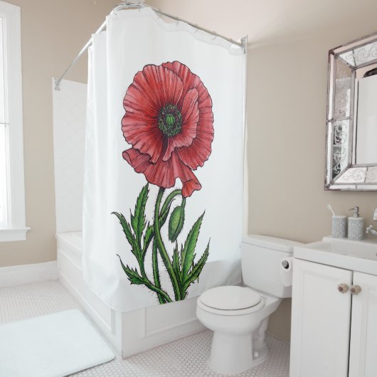 Rode papaver, waterverf en inkt douchegordijn (In situ)