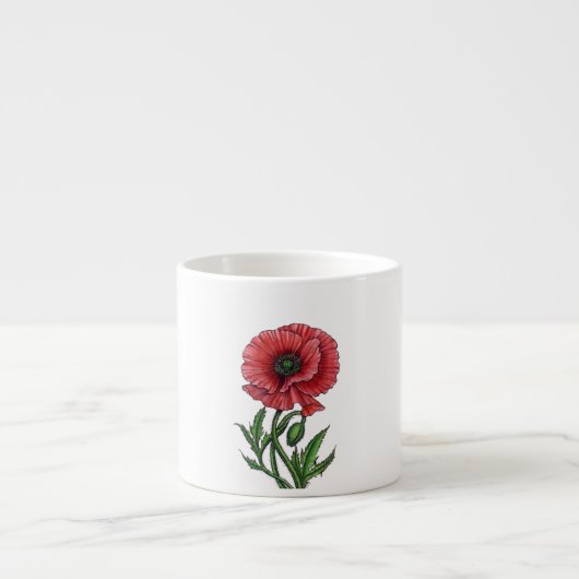 Rode papaver, waterverf en inkt espresso kop (Voorkant)