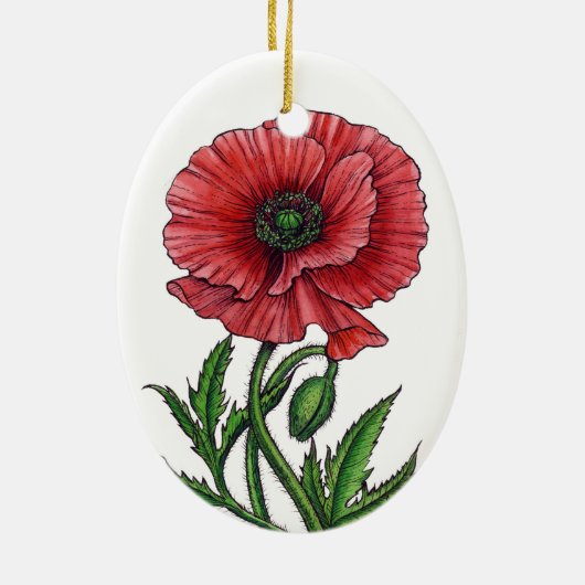 Rode papaver, waterverf en inkt keramisch ornament (Achterkant)
