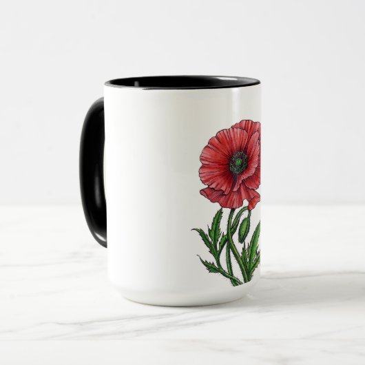 Rode papaver, waterverf en inkt mok (Voorkant links)