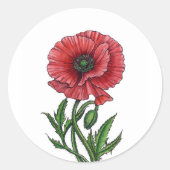 Rode papaver, waterverf en inkt ronde sticker (Voorkant)