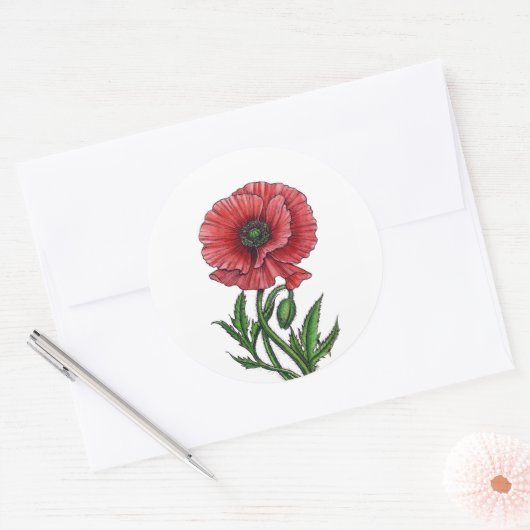 Rode papaver, waterverf en inkt ronde sticker (Envelop)