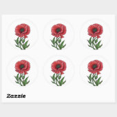 Rode papaver, waterverf en inkt ronde sticker (Vel)