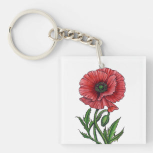 Rode papaver, waterverf en inkt sleutelhanger